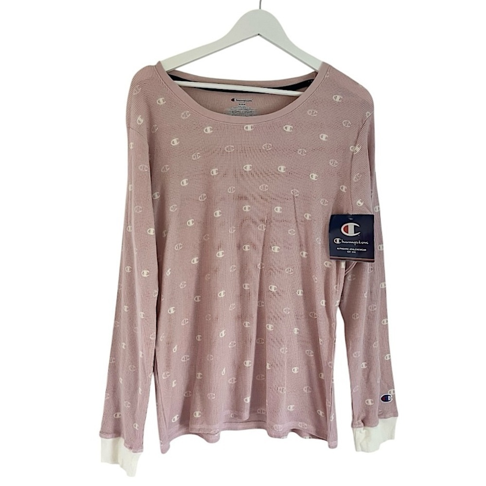 NWT Champion Women’s Long Sleeve Thermal Round Neck Logo Shirt Pink Size Medium
